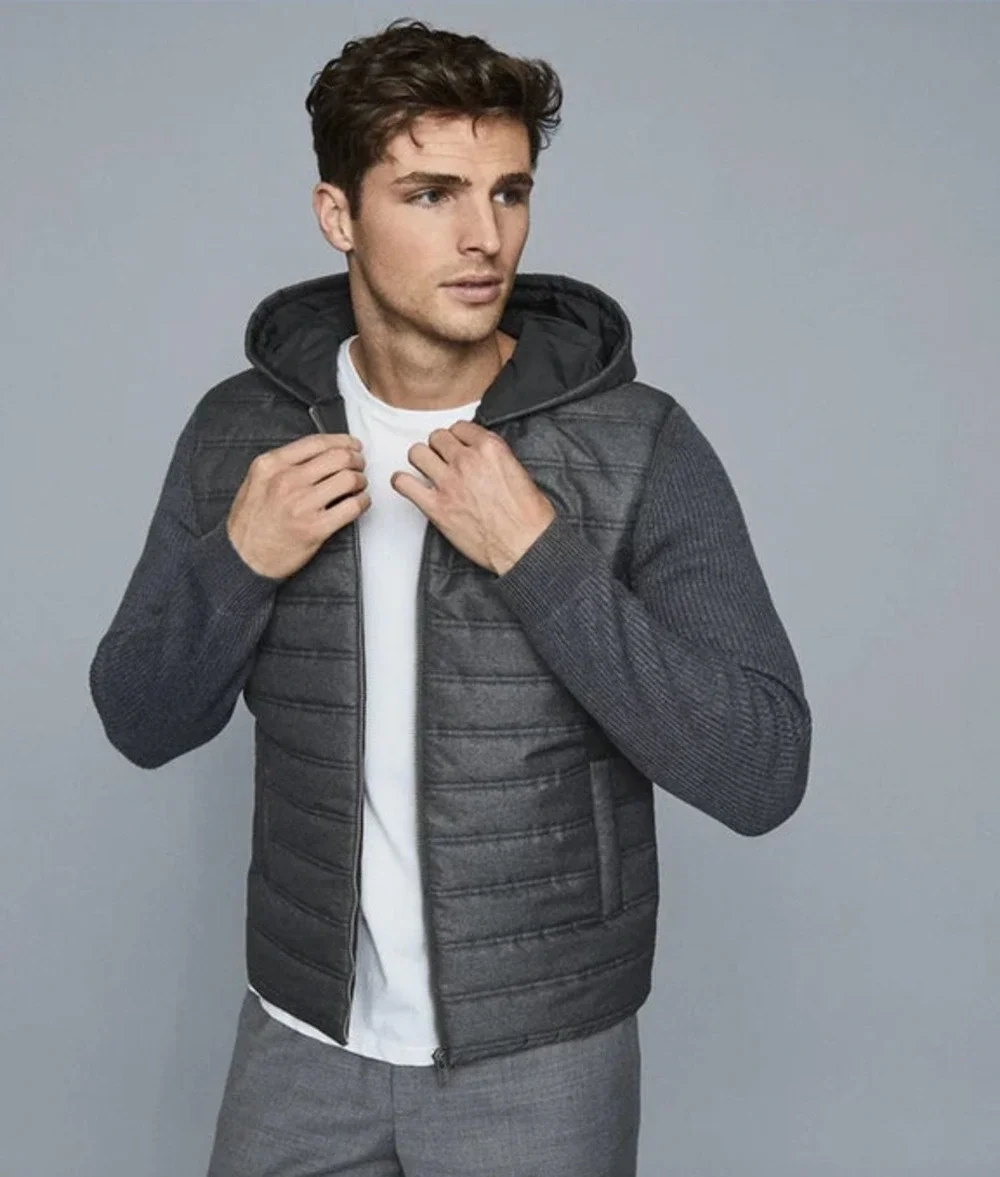REISS Coat Size L NEW Mens Gray Gamble Quilted Zip Through Hoodie $330